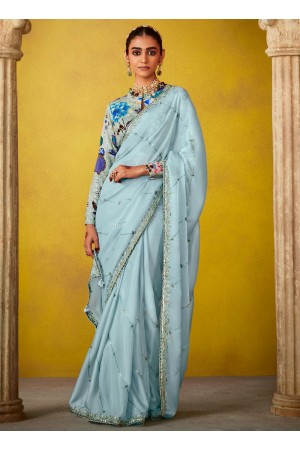 Sky blue glass tissue sequins embroidered wedding saree with blouse 2161